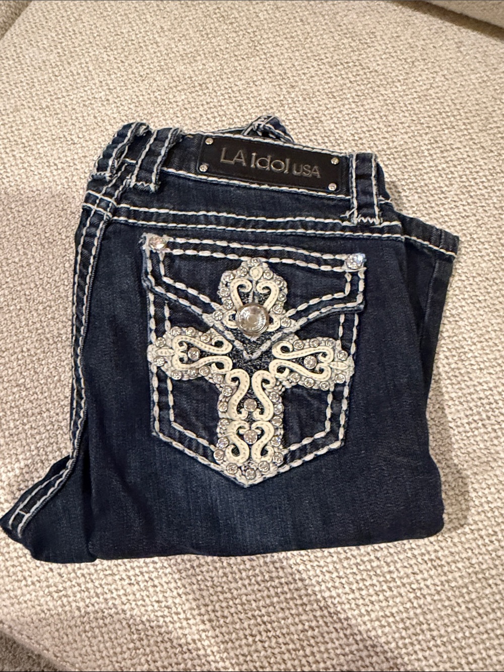 L.A. idol Dark Blue Boot Cut Jeans with Embellished Cross Pocket